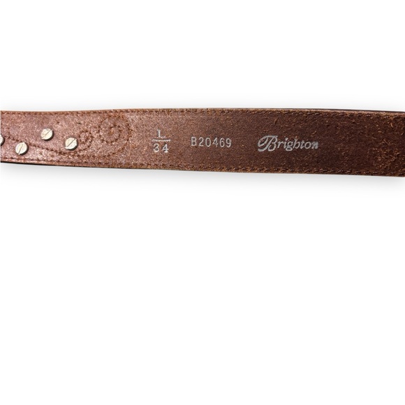 BRIGHTON Brown Leather Belt Blue Enameled Flowers Buckle w/ Embroidery &… - Picture 4 of 5